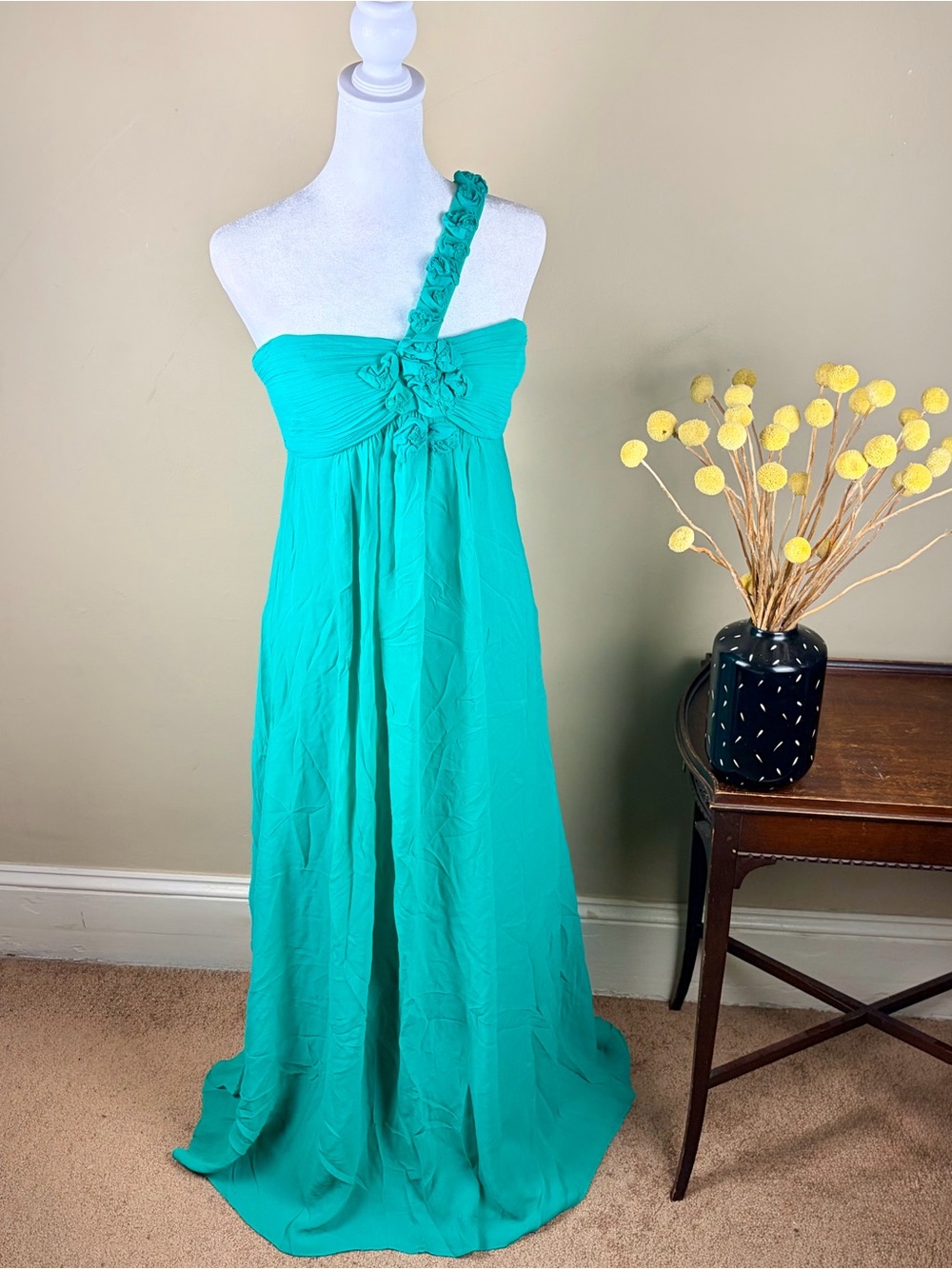 BCBG MaxAzria 100% Silk One-Shoulder Empire Grecian Gown Size 10 Romantic
